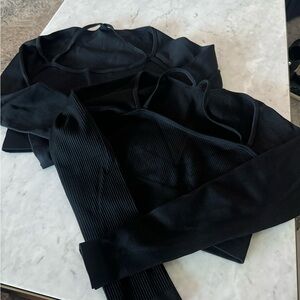 Black Ribbed Long Sleeve Top Set of Two with bra straps
One top has thumb holes